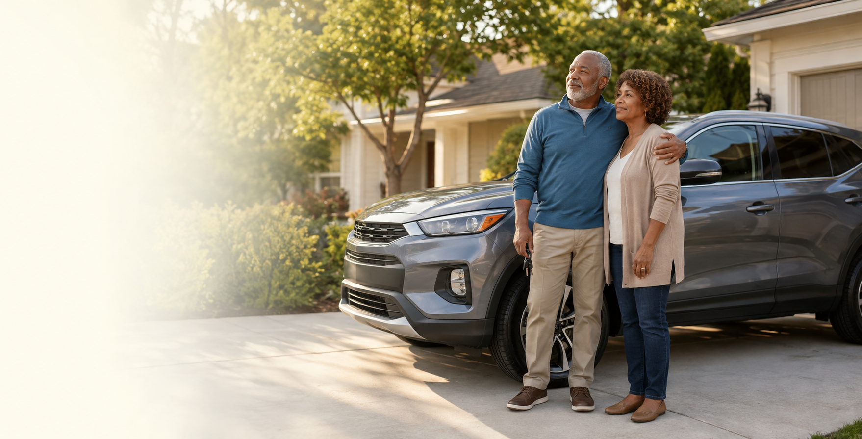 Older couple standing comfortably beside their vehicle at home